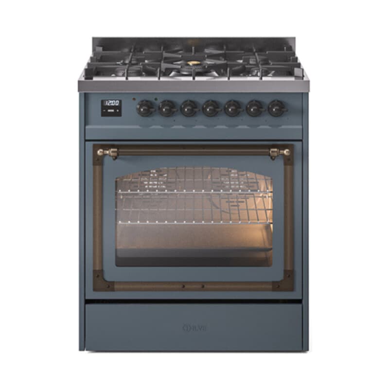 Nostalgie II Noblesse 30″ Dual Fuel Range  (Liquid Propane, Triple Glass Door, Blue Grey, Burnished)