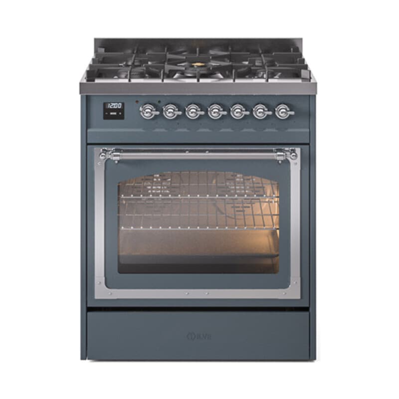 Nostalgie II Noblesse 30″ Dual Fuel Range (Natural Gas, Triple Glass Door, Blue Grey, Chrome)