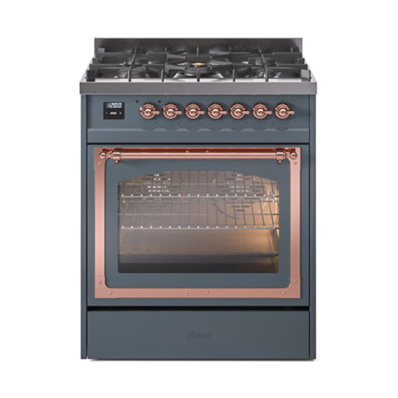 Nostalgie II Noblesse 30″ Dual Fuel Range  (Liquid Propane, Triple Glass Door, Blue Grey, Copper)