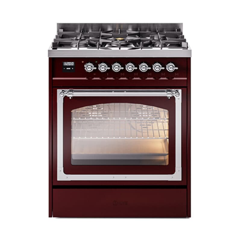 Nostalgie II Noblesse 30″ Dual Fuel Range (Liquid Propane, Triple Glass Door, Burgundy, Chrome)