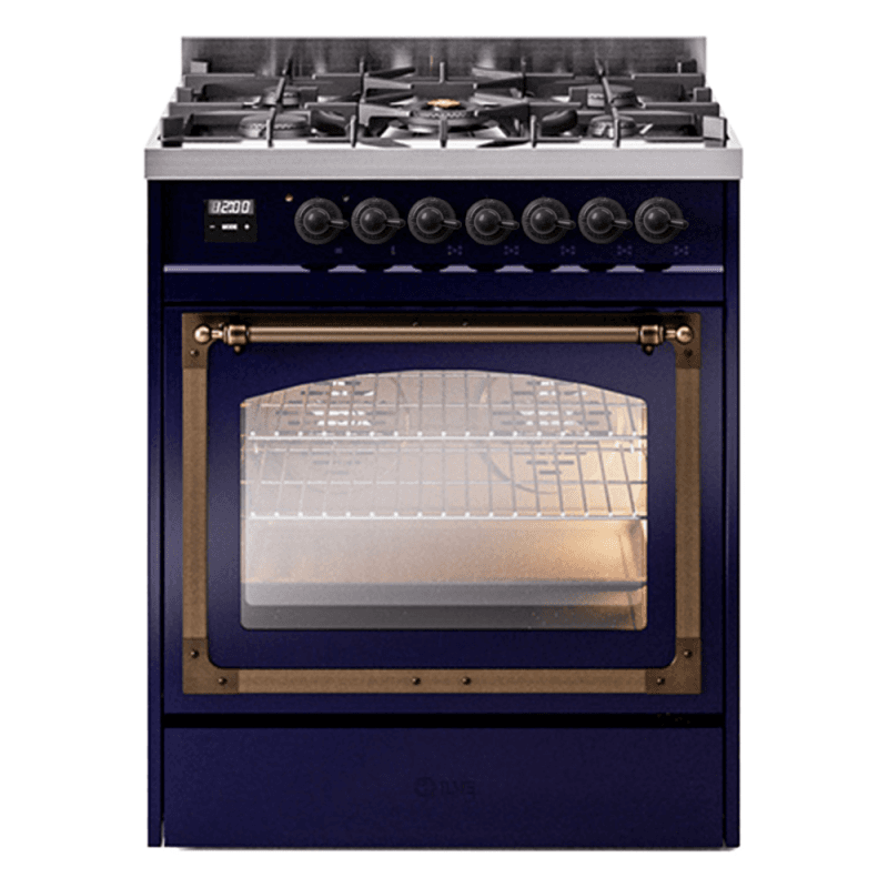 Nostalgie II Noblesse 30″ Dual Fuel Range (Natural Gas, Triple Glass Door, Midnight Blue, Burnished)