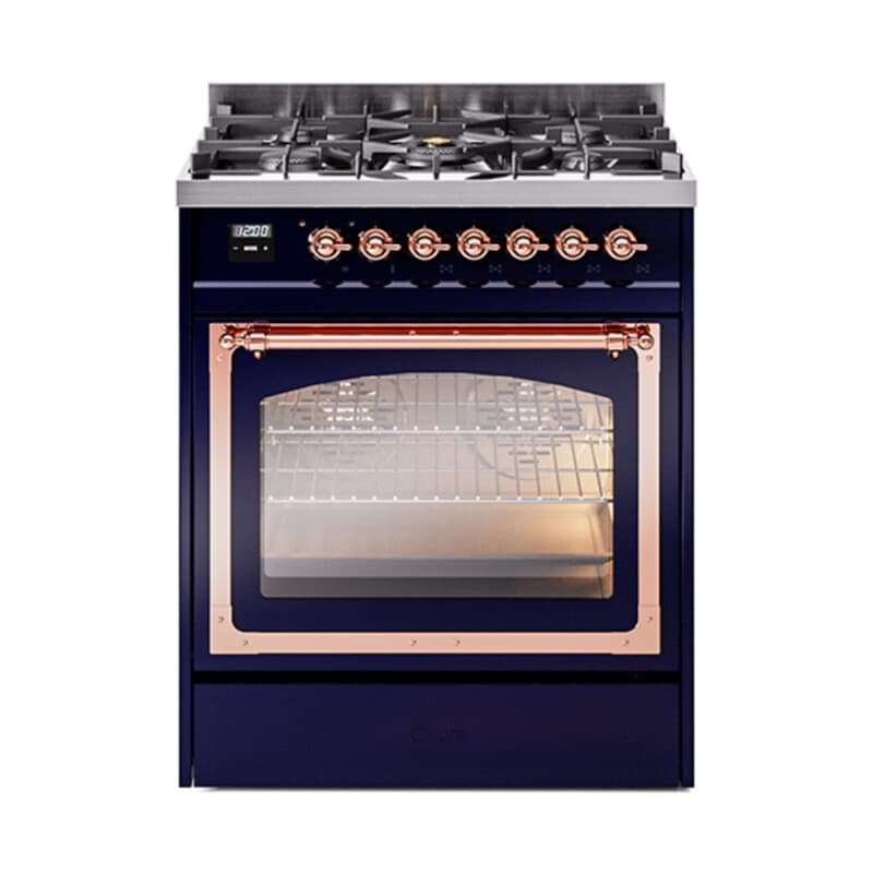 Nostalgie II Noblesse 30″ Dual Fuel Range (Liquid Propane, Triple Glass Door, Midnight Blue, Copper)