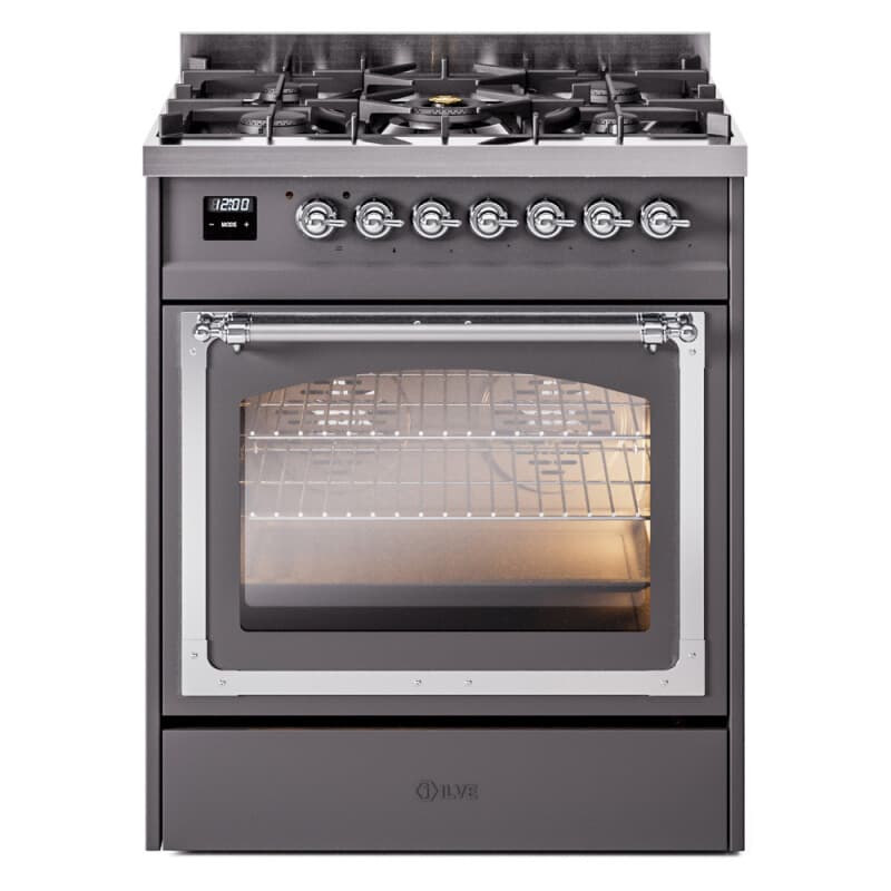 Nostalgie II Noblesse 30″ Dual Fuel Range  (Liquid Propane, Triple Glass Door, Graphite Matte, Chrome)