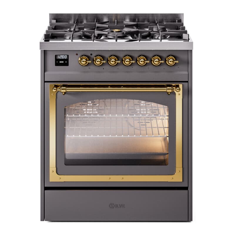 Nostalgie II Noblesse 30″ Dual Fuel Range (Natural Gas, Triple Glass Door, Graphite Matte, Brass)