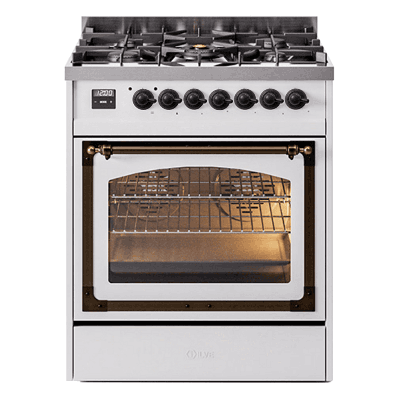 Nostalgie II Noblesse 30″ Dual Fuel Range (Natural Gas, Triple Glass Door, White, Burnished)