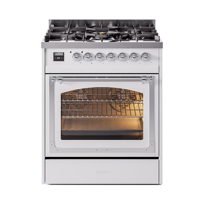 Nostalgie II Noblesse 30″ Dual Fuel Range (Natural Gas, Triple Glass Door, White, Chrome)