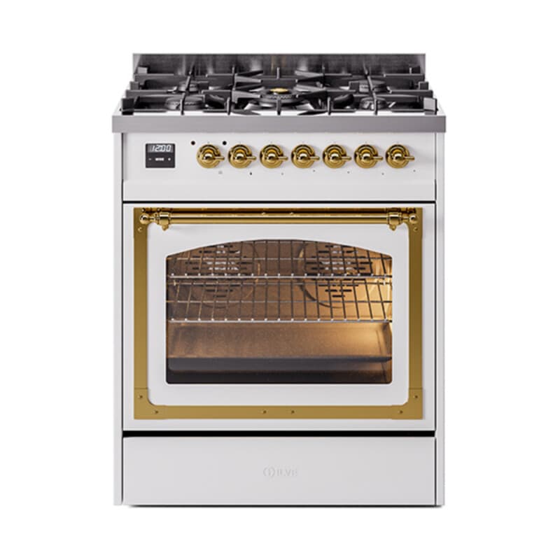Nostalgie II Noblesse 30″ Dual Fuel Range (Liquid Propane, Triple Glass Door, White, Brass)