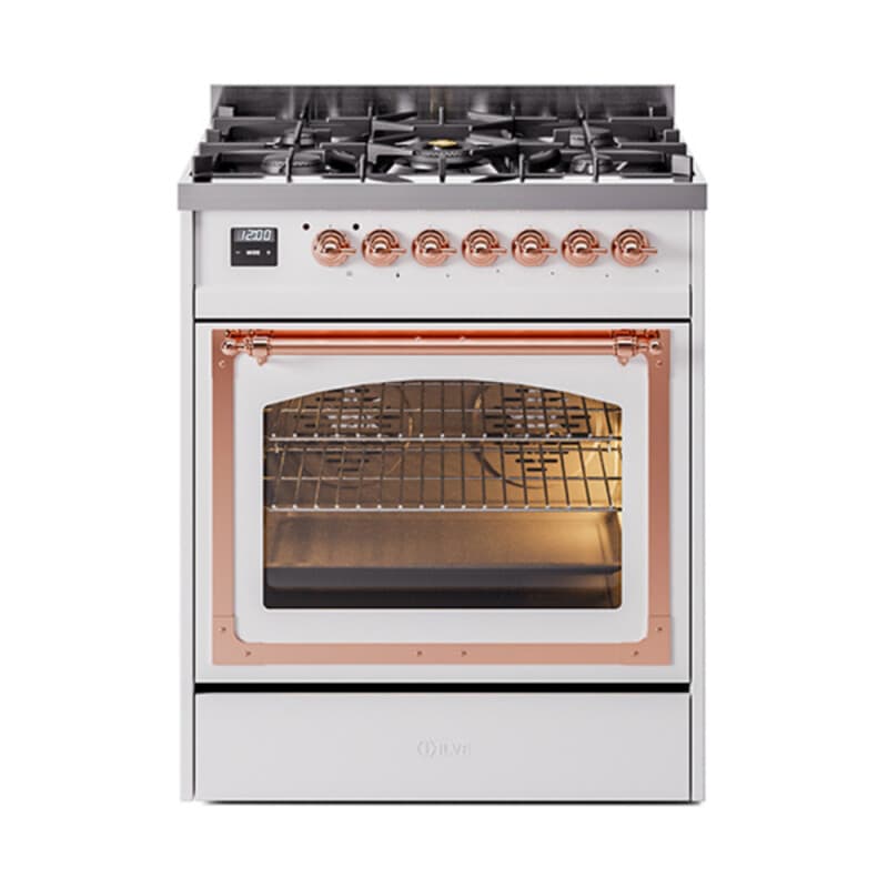 Nostalgie II Noblesse 30″ Dual Fuel Range (Liquid Propane, Triple Glass Door, White, Copper)