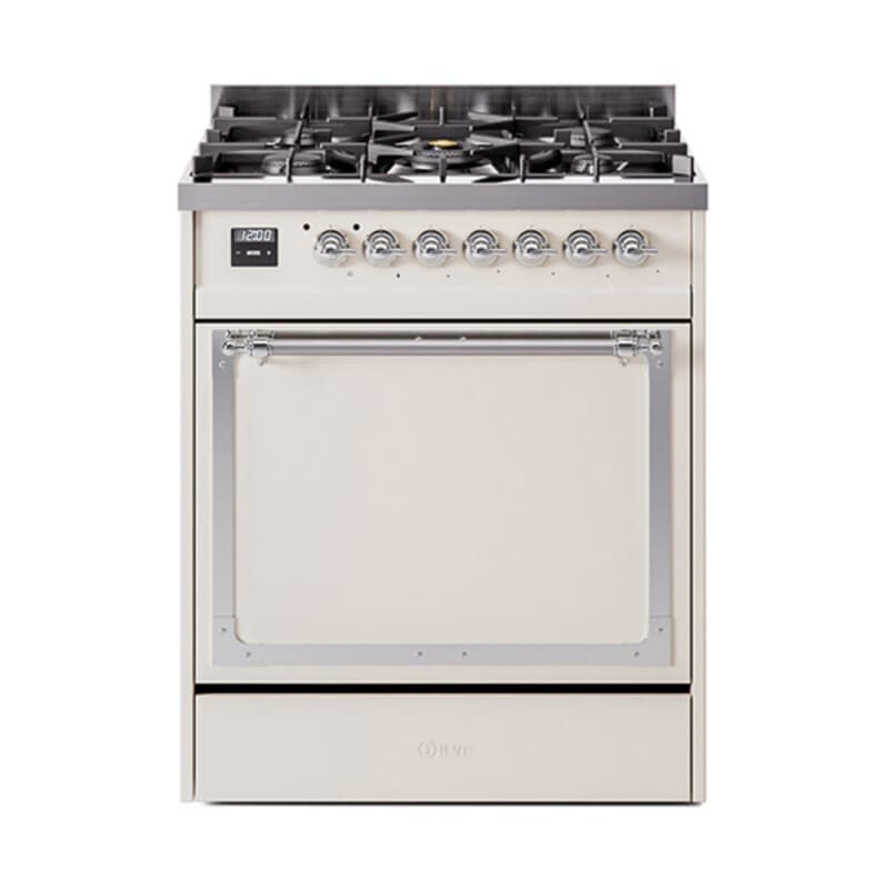 Nostalgie II Noblesse 30″ Dual Fuel Range (Liquid Propane, Solid Door, Antique White, Chrome)