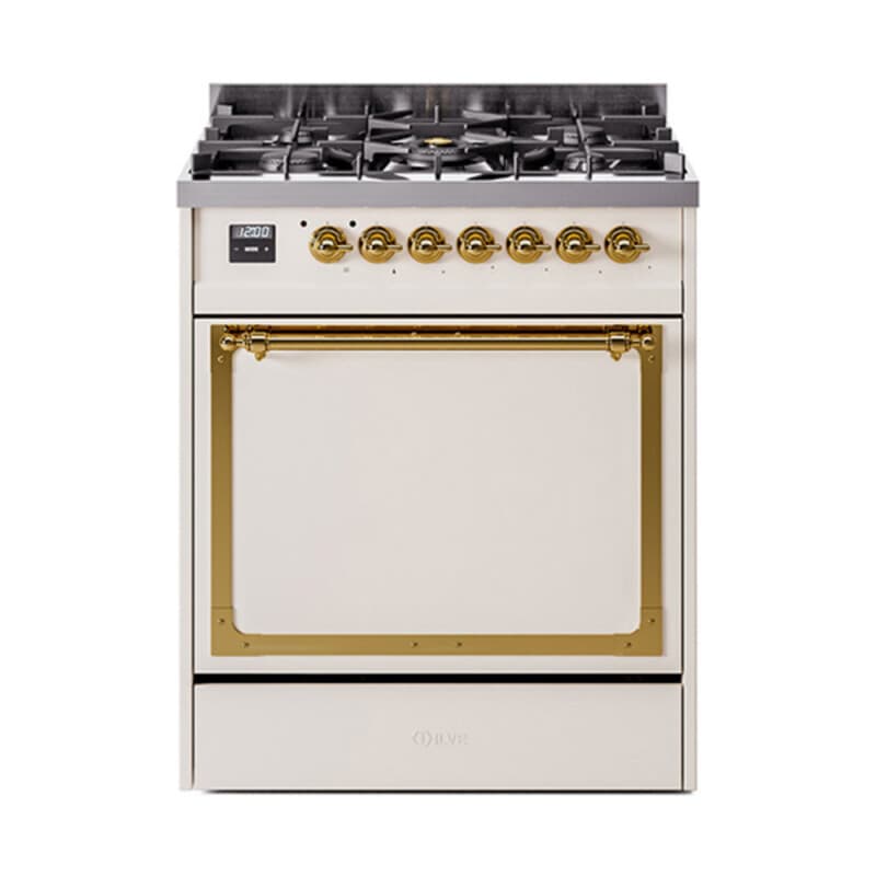 Nostalgie II Noblesse 30″ Dual Fuel Range (Natural Gas, Solid Door, Antique White, Brass)