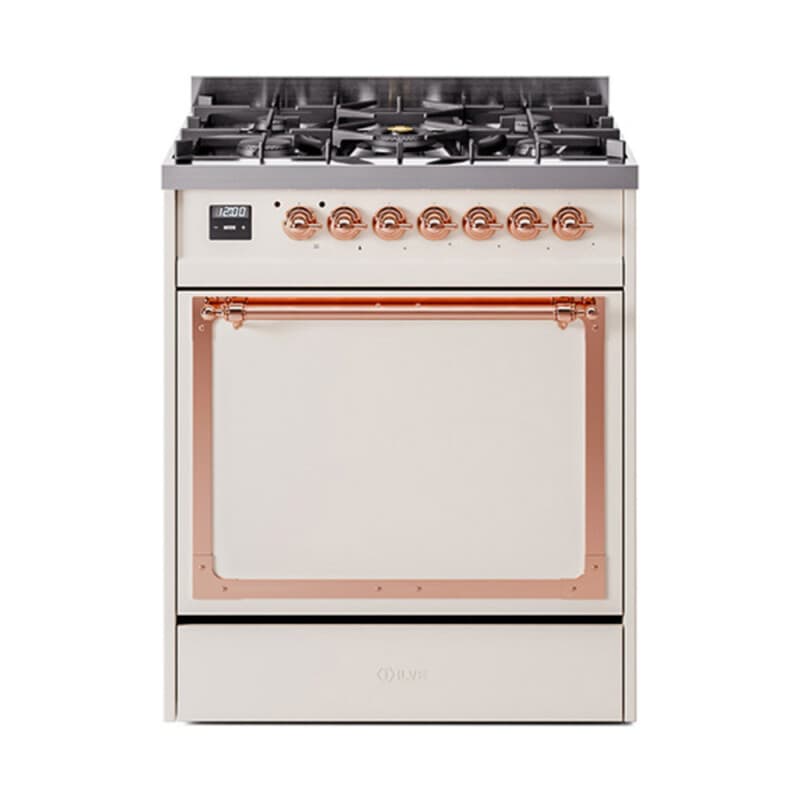 Nostalgie II Noblesse 30″ Dual Fuel Range (Liquid Propane, Solid Door, Antique White, Copper)