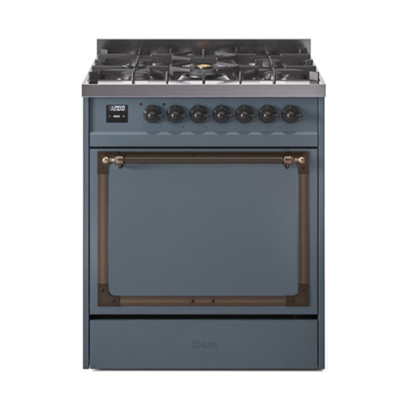 Nostalgie II Noblesse 30″ Dual Fuel Range (Natural Gas, Solid Door, Blue Grey, Burnished)