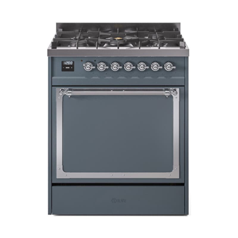 Nostalgie II Noblesse 30″ Dual Fuel Range (Natural Gas, Solid Door, Blue Grey, Chrome)