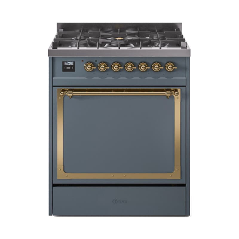 Nostalgie II Noblesse 30″ Dual Fuel Range (Liquid Propane, Solid Door, Blue Grey, Brass)