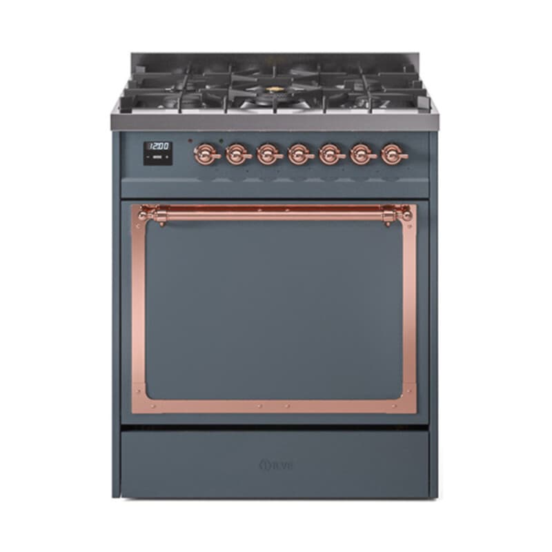 Nostalgie II Noblesse 30″ Dual Fuel Range (Liquid Propane, Solid Door, Blue Grey, Copper)