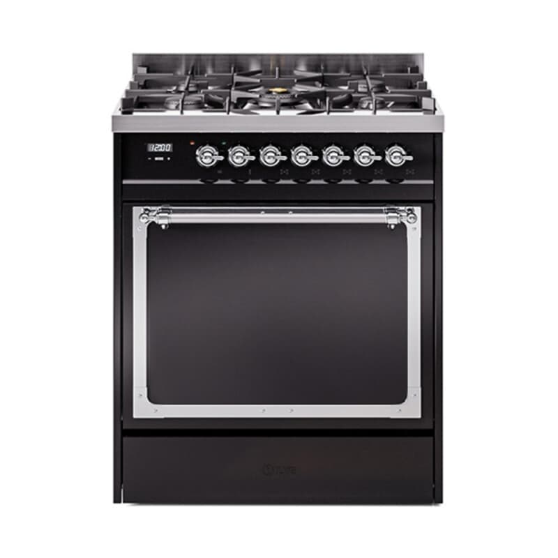 Nostalgie II Noblesse 30″ Dual Fuel Range (Liquid Propane, Solid Door, Glossy Black, Chrome)