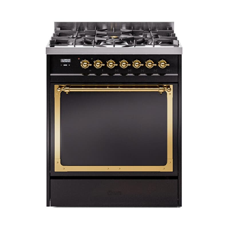 Nostalgie II Noblesse 30″ Dual Fuel Range (Natural Gas, Solid Door, Glossy Black, Brass)