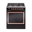Nostalgie II Noblesse 30″ Dual Fuel Range  (Liquid Propane, Solid Door, Glossy Black, Copper) view 1