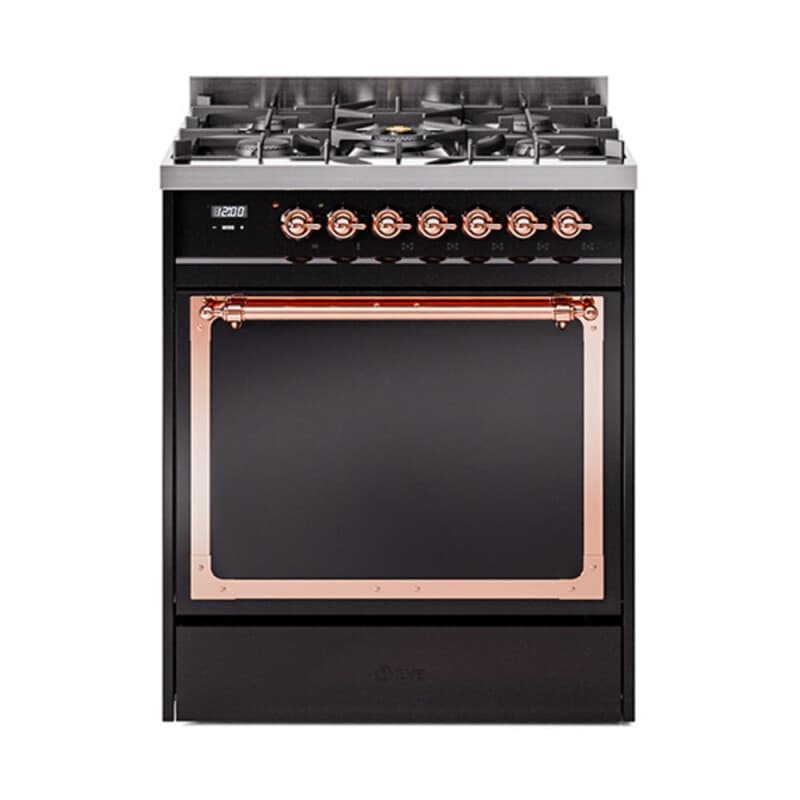 Nostalgie II Noblesse 30″ Dual Fuel Range  (Liquid Propane, Solid Door, Glossy Black, Copper)