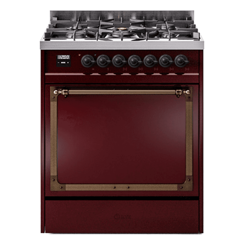 Nostalgie II Noblesse 30″ Dual Fuel Range (Natural Gas, Solid Door, Burgundy, Burnished)