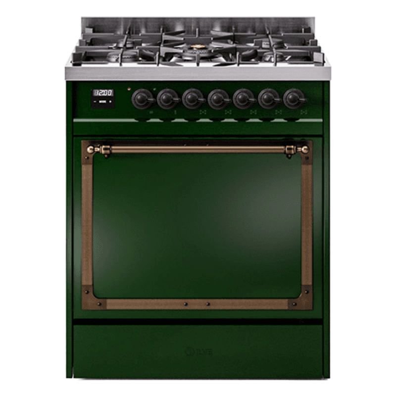 Nostalgie II Noblesse 30″ Dual Fuel Range  (Liquid Propane, Solid Door, Emerald Green, Burnished)