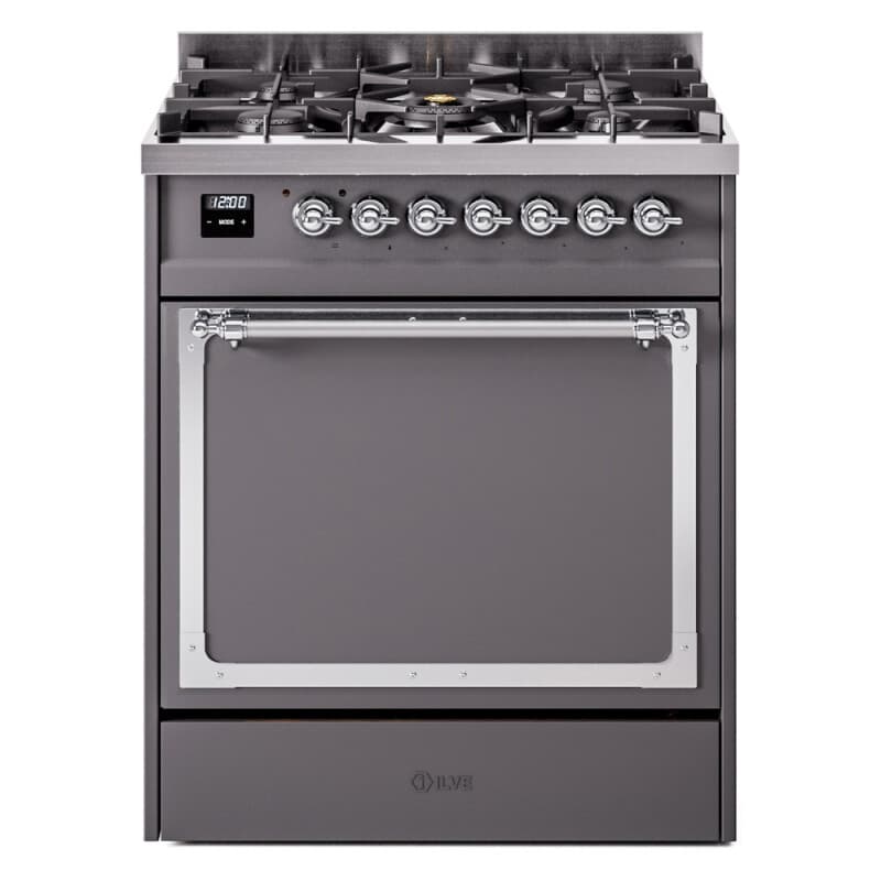Nostalgie II Noblesse 30″ Dual Fuel Range (Natural Gas, Solid Door, Graphite Matte, Chrome)