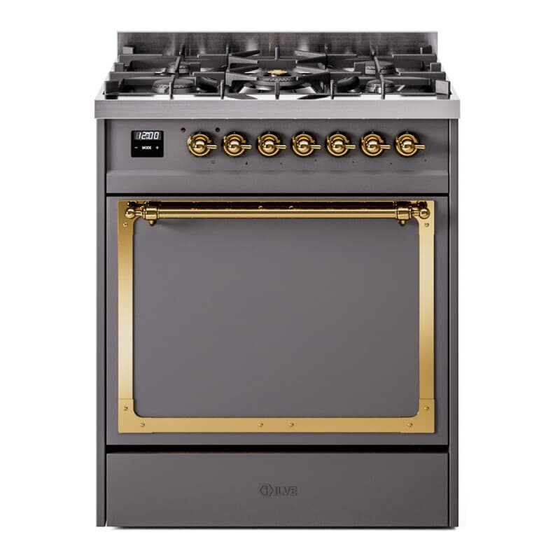 Nostalgie II Noblesse 30″ Dual Fuel Range (Natural Gas, Solid Door, Graphite Matte, Brass)