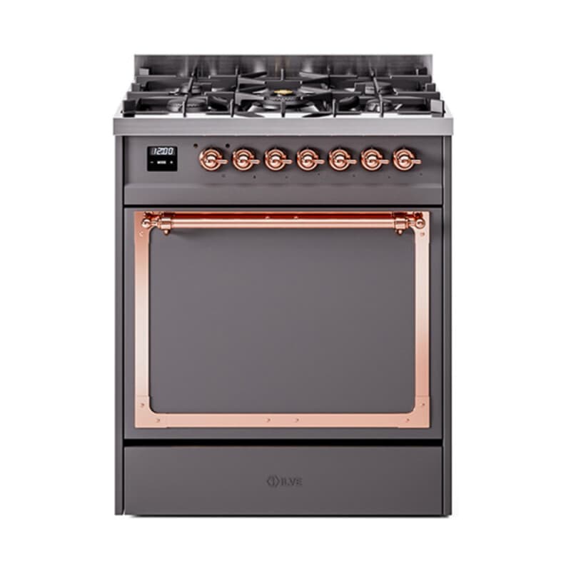 Nostalgie II Noblesse 30″ Dual Fuel Range (Liquid Propane, Solid Door, Graphite Matte, Copper)