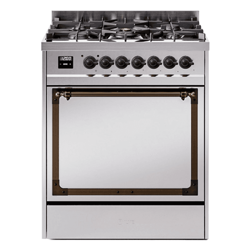 Nostalgie II Noblesse 30″ Dual Fuel Range  (Natural Gas, Solid Door, Stainless Steel, Burnished)