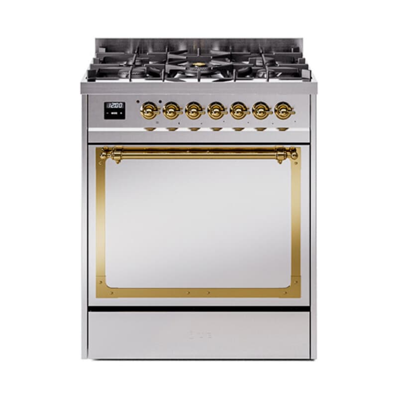 Nostalgie II Noblesse 30″ Dual Fuel Range  (Natural Gas, Solid Door, Stainless Steel, Brass)