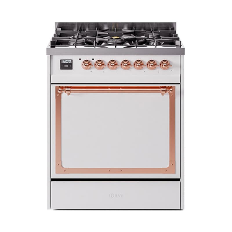 Nostalgie II Noblesse 30″ Dual Fuel Range (Natural Gas, Solid Door, White, Copper)