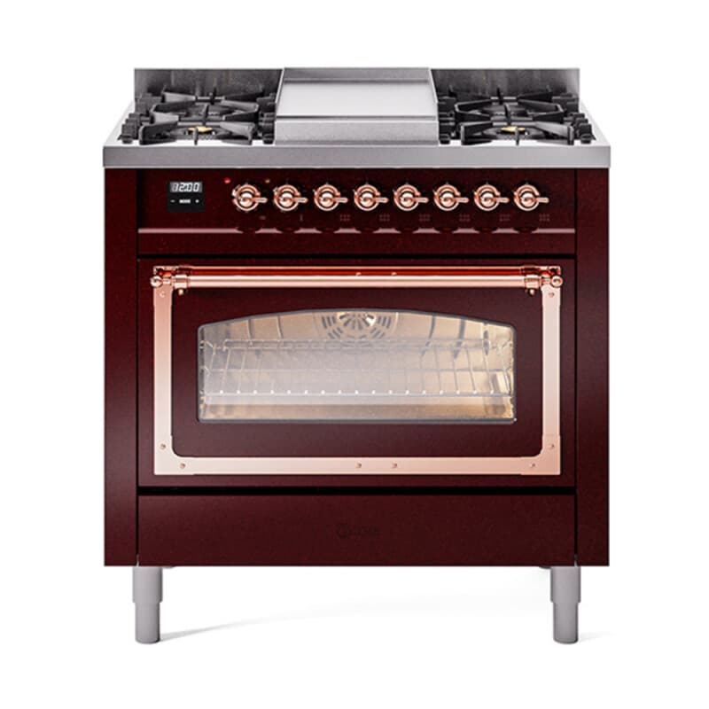 Nostalgie II Noblesse 36″ Dual Fuel Range (Liquid Propane, Triple Glass Door, Burgundy, Copper)