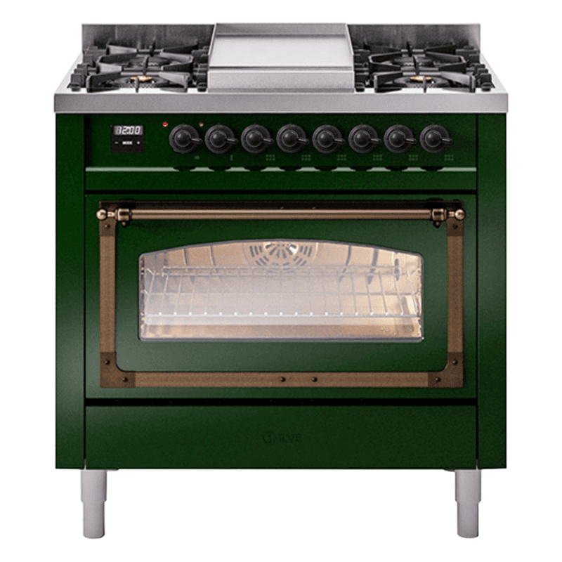 Nostalgie II Noblesse 36″ Dual Fuel Range (Liquid Propane, Triple Glass Door, Emerald Green, Burnished)