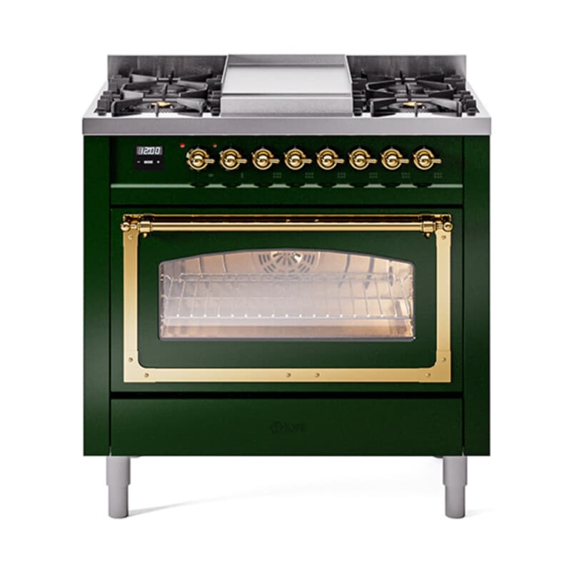 Nostalgie II Noblesse 36″ Dual Fuel Range (Natural Gas, Triple Glass Door, Emerald Green, Brass)