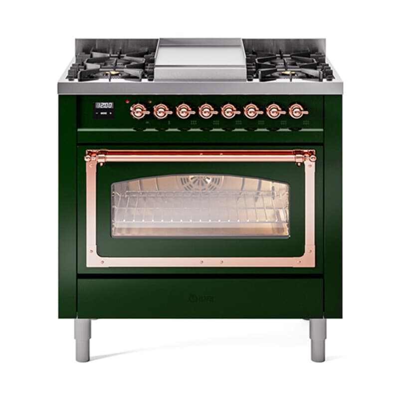 Nostalgie II Noblesse 36″ Dual Fuel Range (Natural Gas, Triple Glass Door, Emerald Green, Copper)