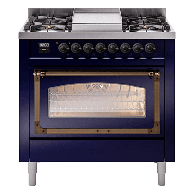 Nostalgie II Noblesse 36″ Dual Fuel Range (Liquid Propane, Triple Glass Door, Midnight Blue, Burnished)
