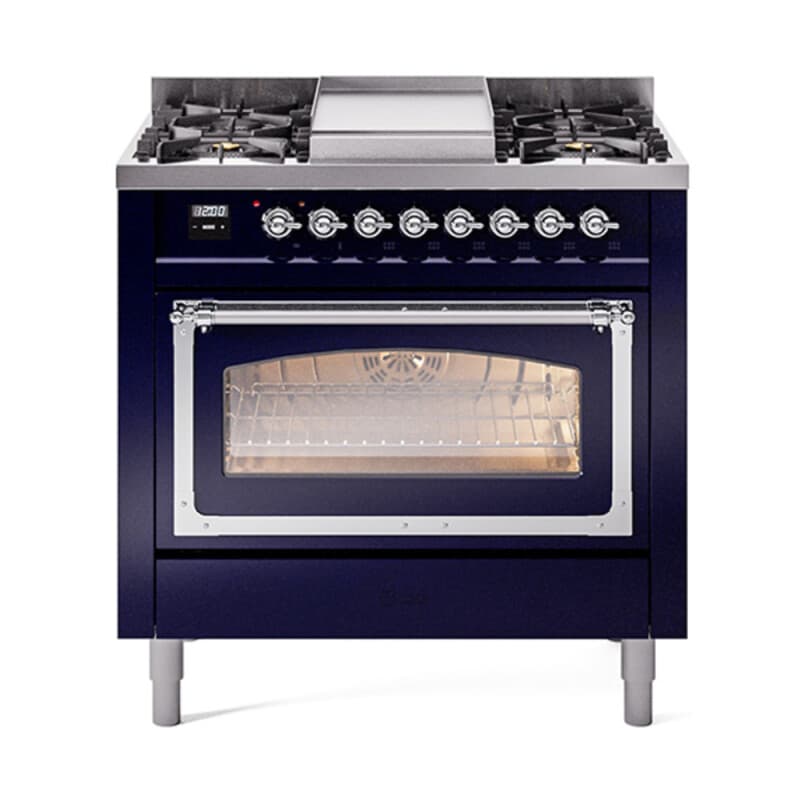 Nostalgie II Noblesse 36″ Dual Fuel Range (Natural Gas, Triple Glass Door, Midnight Blue, Chrome)