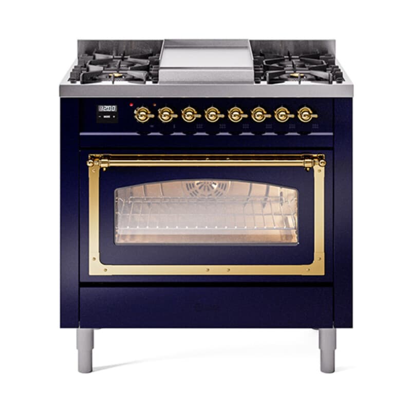 Nostalgie II Noblesse 36″ Dual Fuel Range (Liquid Propane, Triple Glass Door, Midnight Blue, Brass)