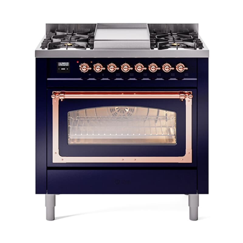 Nostalgie II Noblesse 36″ Dual Fuel Range (Natural Gas, Triple Glass Door, Midnight Blue, Copper)