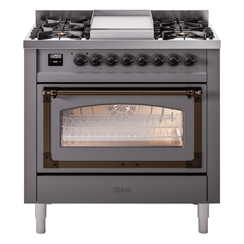 Nostalgie II Noblesse 36″ Dual Fuel Range (Natural Gas, Triple Glass Door, Graphite Matte, Burnished)