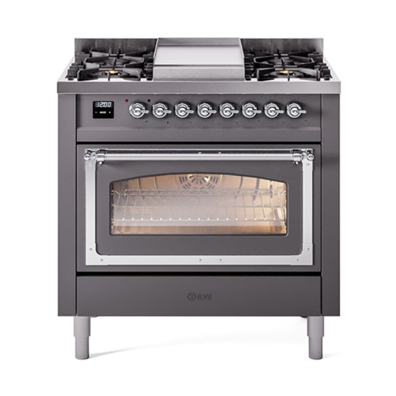 Nostalgie II Noblesse 36″ Dual Fuel Range (Liquid Propane, Triple Glass Door, Graphite Matte, Chrome)