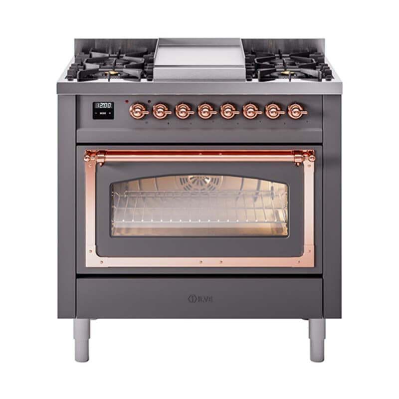 Nostalgie II Noblesse 36″ Dual Fuel Range (Natural Gas, Triple Glass Door, Graphite Matte, Copper)