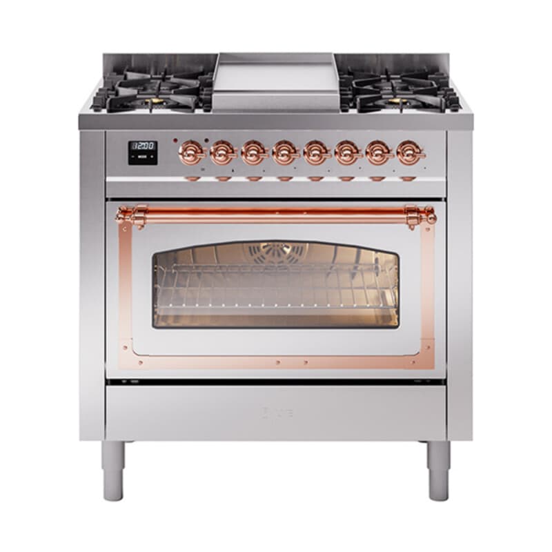 Nostalgie II Noblesse 36″ Dual Fuel Range (Liquid Propane, Triple Glass Door, Stainless Steel, Copper)