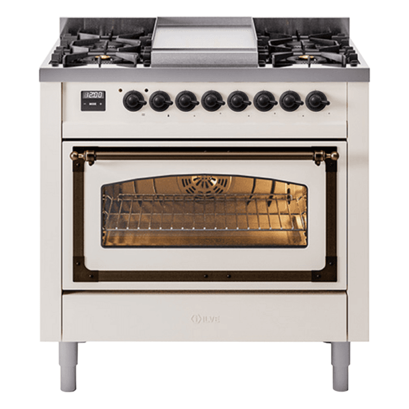 Nostalgie II Noblesse 36″ Dual Fuel Range (Natural Gas, Triple Glass Door, White, Burnished)