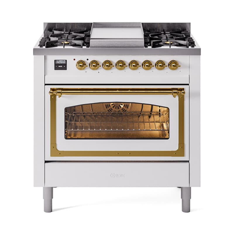 Nostalgie II Noblesse 36″ Dual Fuel Range (Liquid Propane, Triple Glass Door, White, Brass)
