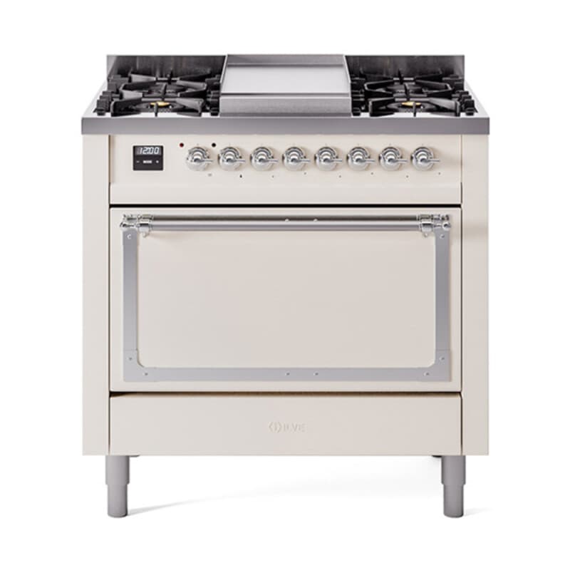 Nostalgie II Noblesse 36″ Dual Fuel Range (Liquid Propane, Solid Door, Antique White, Chrome)