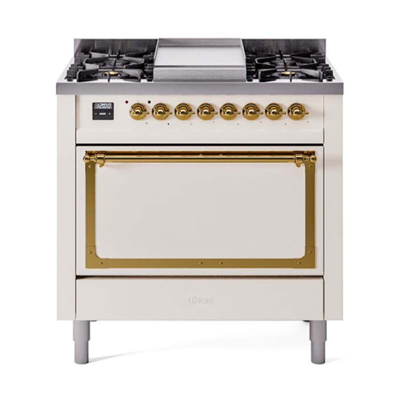 Nostalgie II Noblesse 36″ Dual Fuel Range (Liquid Propane, Solid Door, Antique White, Brass)
