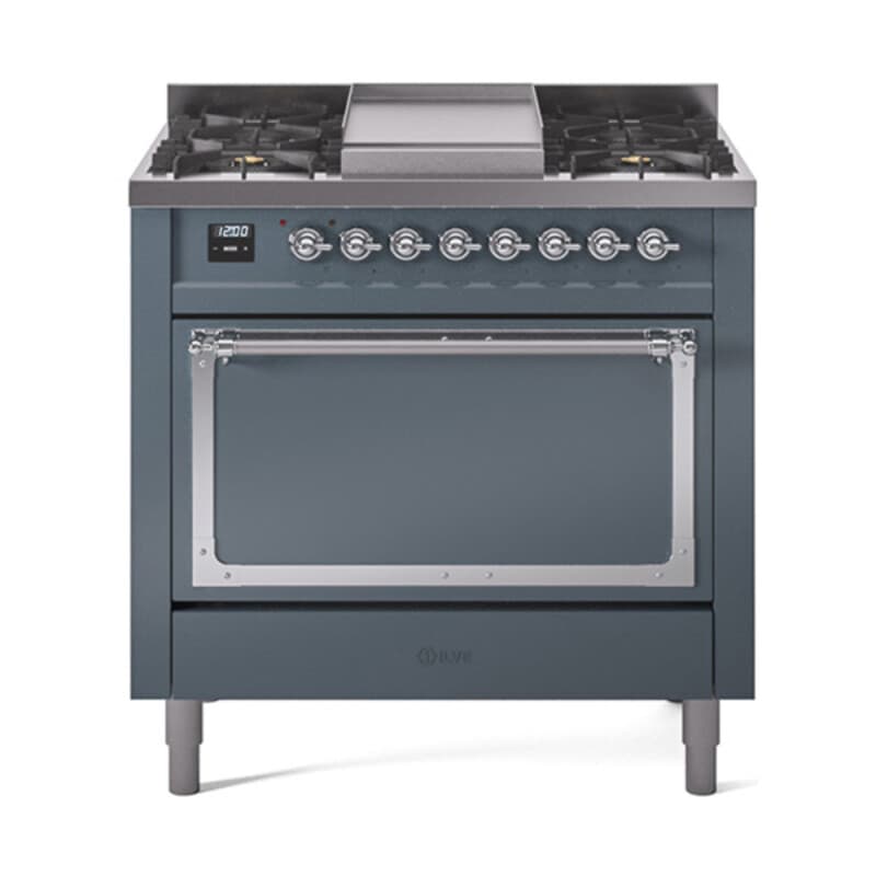Nostalgie II Noblesse 36″ Dual Fuel Range (Liquid Propane, Solid Door, Blue Grey, Chrome)