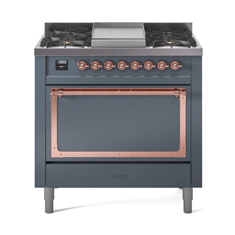 Nostalgie II Noblesse 36″ Dual Fuel Range (Natural Gas, Solid Door, Blue Grey, Copper)