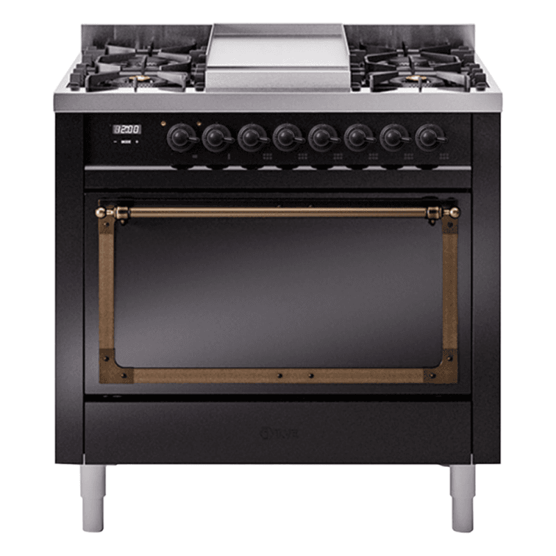 Nostalgie II Noblesse 36″ Dual Fuel Range (Natural Gas, Solid Door, Glossy Black, Burnished)